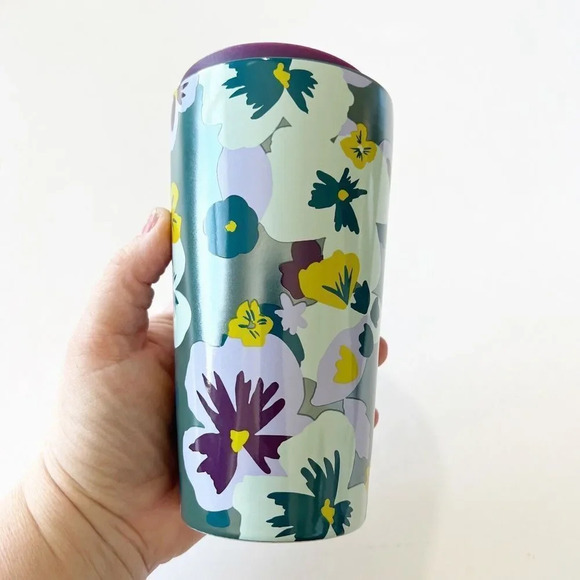 Starbucks Coffee Cup Teal Purple Pansies Floral Ceramic Travel Mug‎ 12 Oz Sipper - Picture 3 of 10
